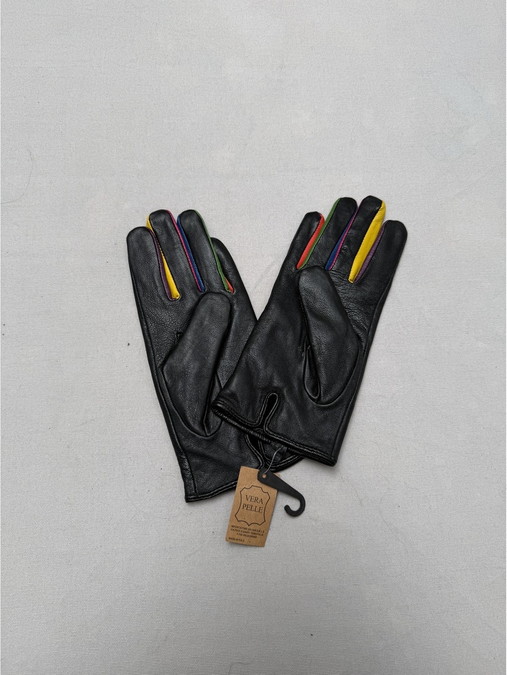 Vera Pelle Black Womens Leather Gloves Rainbow Fingers- XL